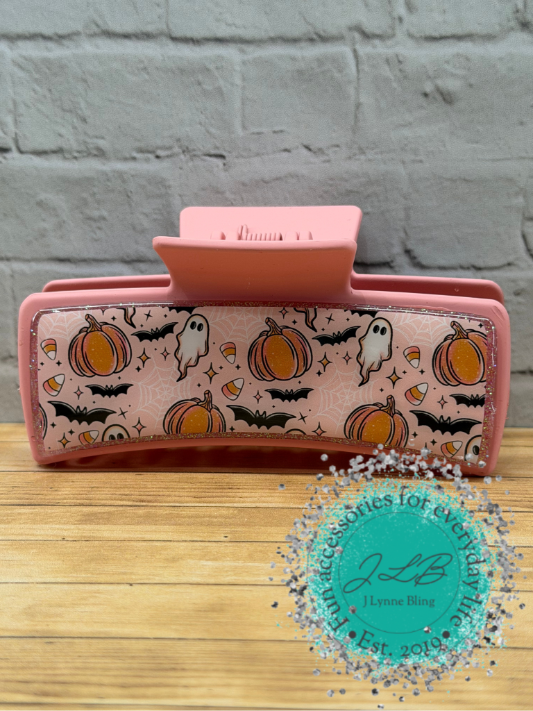 Pink Ghosts with Pumpkins Large 4.1-inch Claw Hair Clip