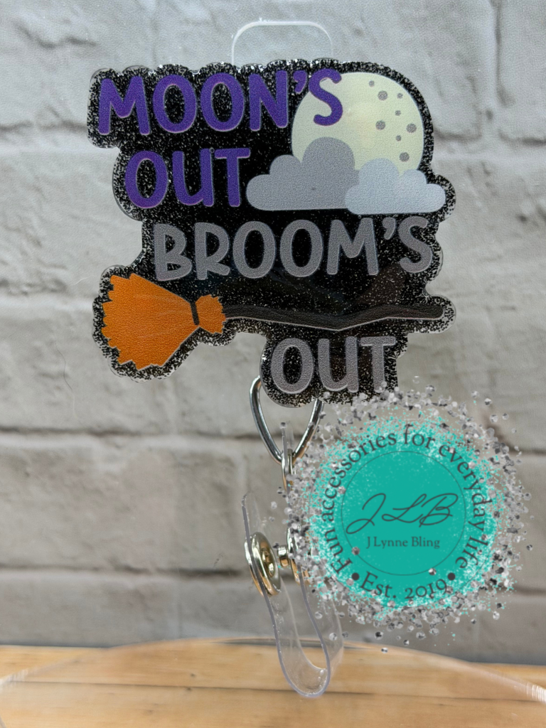 Moons Out Brooms Out Halloween-Themed Interchangeable Badge Reel Topper